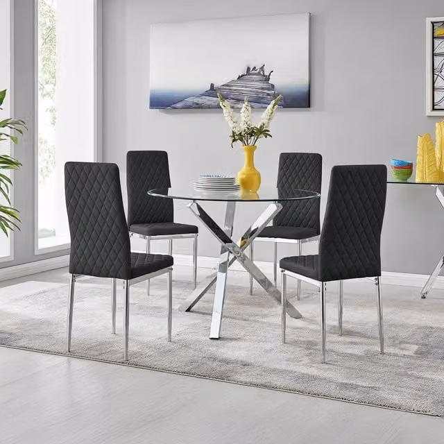 FurnitureboxUK Selina Chrome Round Glass Dining Table and Four Milan Chairs Set in Black