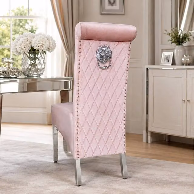 Stratus Interiors Emma Tall Velvet Lion Knocker Dining Chair in Pink – 1