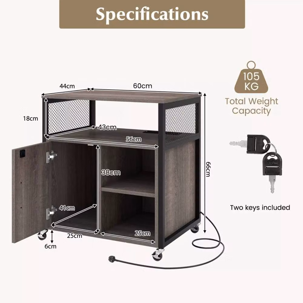 Costway Mobile Lateral Filing Cabinet with Charging Station and Lock, Grey – 2