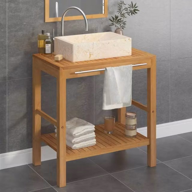 Berkfield Home Brown Solid Teak Bathroom Vanity Cabinet with Cream Marble Sink