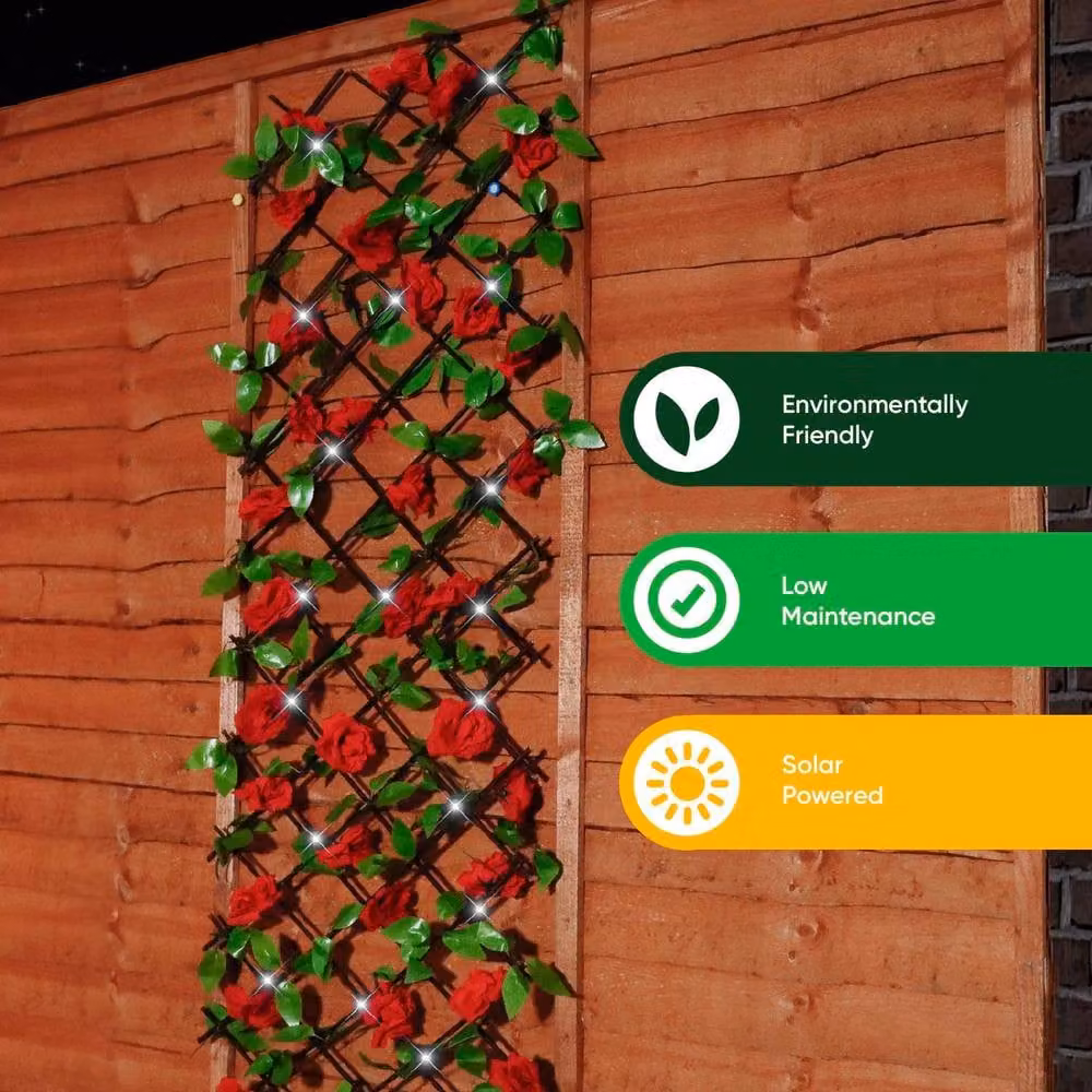 Gardenwize Solar Powered LED Extendable Garden Trellis with Red Flowers and Faux Ivy Privacy Screen – 4