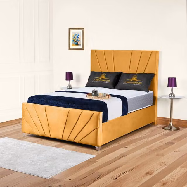 UK Bed Furniture Sunrise Upholstered Slatted Base Bed in Yellow Velvet, Size: 140 x 200 cm