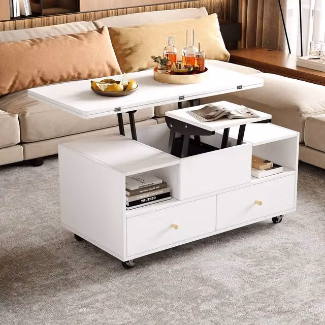 Merax Extendable Lift Top Coffee Table with 4 Drawers and Castors, White – 1