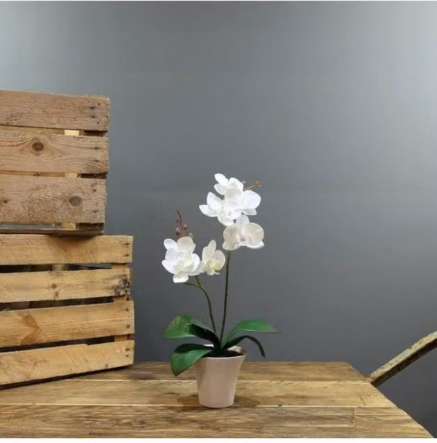 KDMD White Aragon Phalaenopsis Artificial Orchid in a Ceramic Tabletop Planter