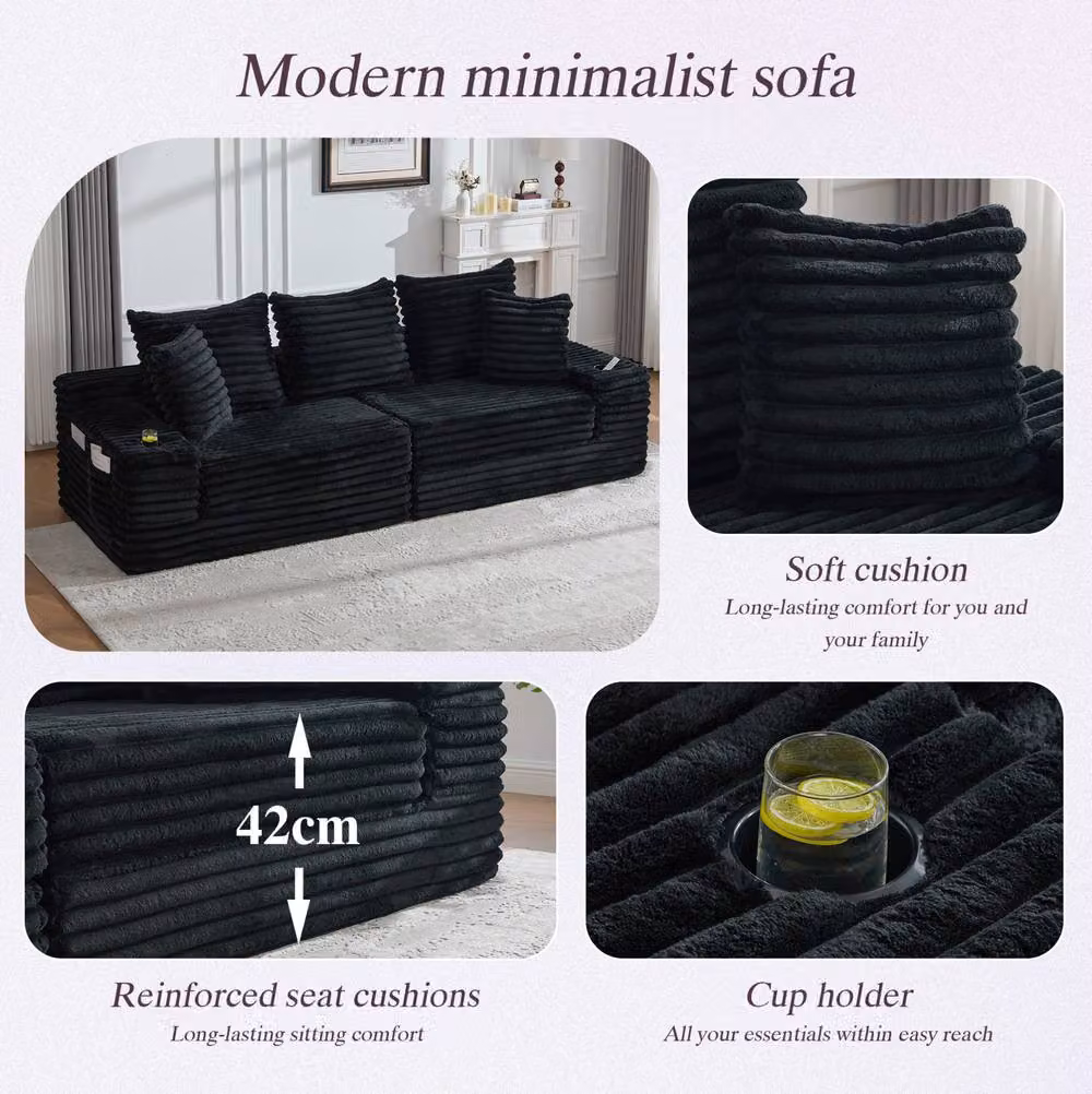 STILVORA Black Corduroy Sofa Bed with Sleeper Function, Cup Holders and Scatter Cushions, W: 273 cm, D: 87 cm, H: 98 cm – 8