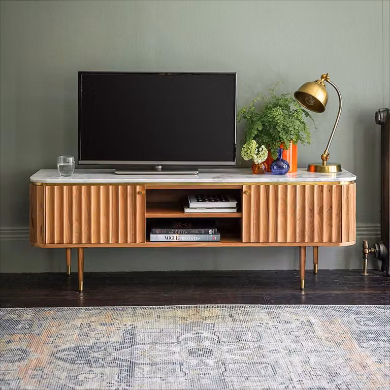 Atkin & Thyme Flute Marble Media Unit in Acacia Wood with Striped Stone Detail