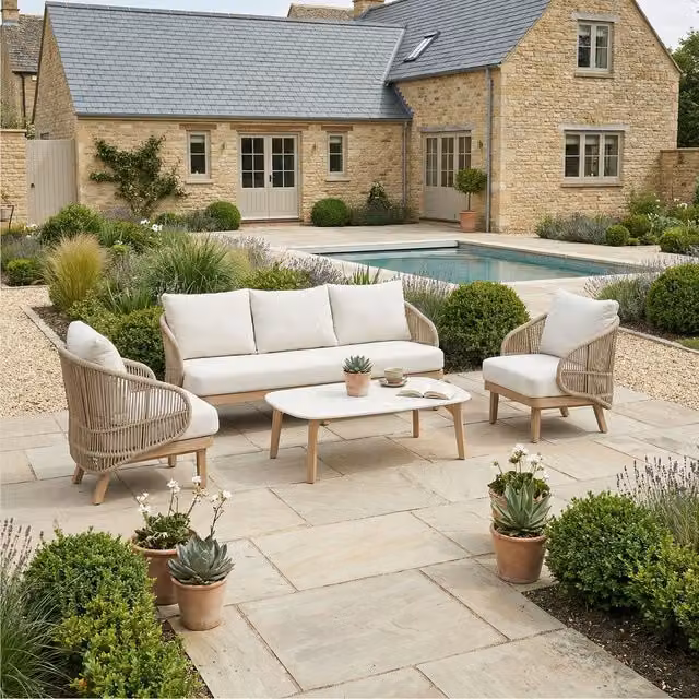 Bracken Outdoors Fairford Lounge Sofa Set in Beige and Brown Rattan and Wood