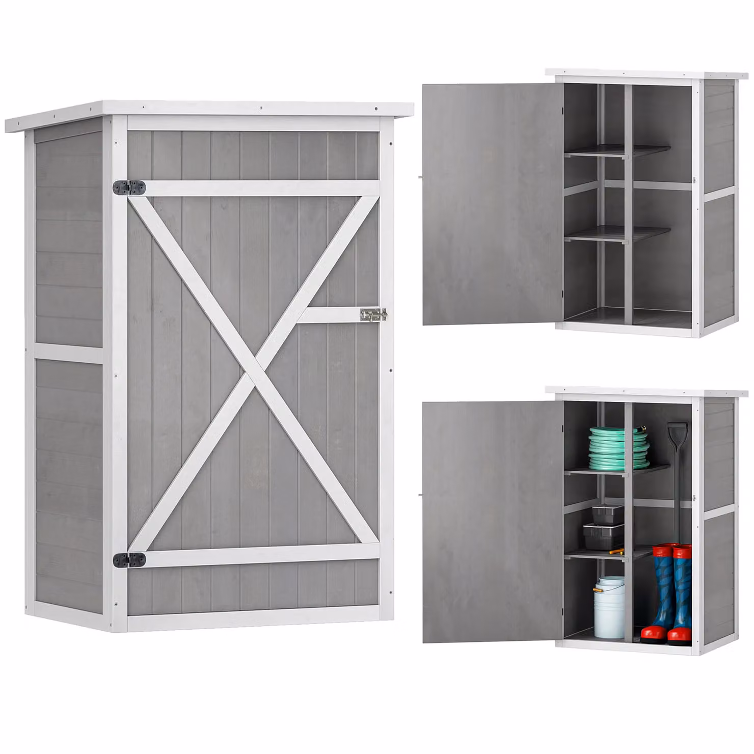 OUTSUNNY Grey Wooden Garden Shed Tall Storage Cabinet with Internal Shelving, W/D/H: 75 x 56 x 115 cm – 2
