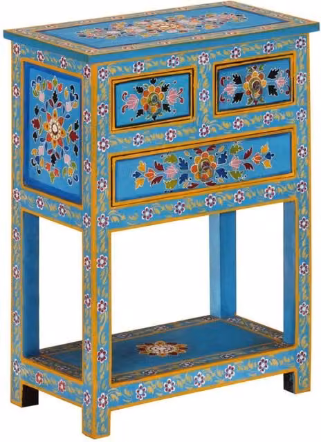 Berkfield Home Turquoise Mango Wood Floral Sideboard W/D/H: 55 x 30 x 76 cm