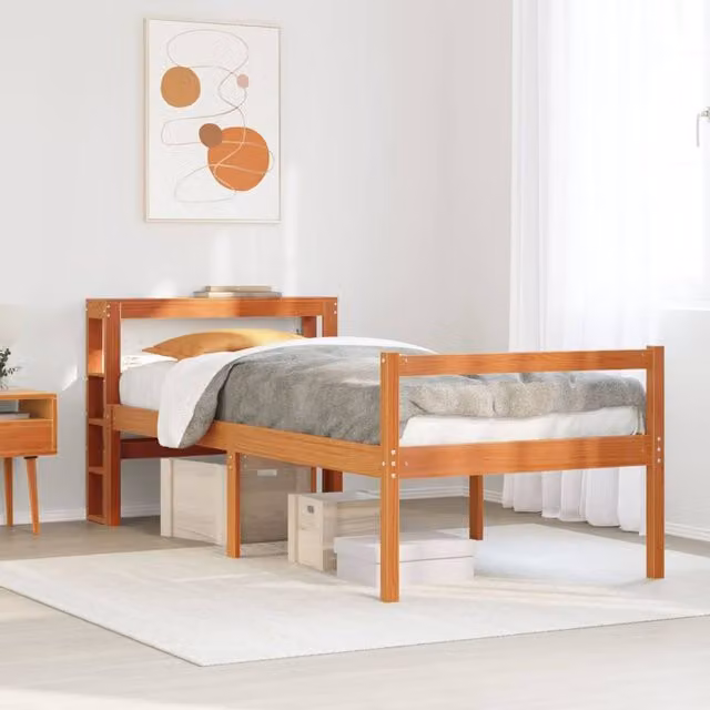 Berkfield Home Small Single Solid Wood Bed Frame with Headboard in Wax Brown, W: 75 cm, L: 190 cm – 1
