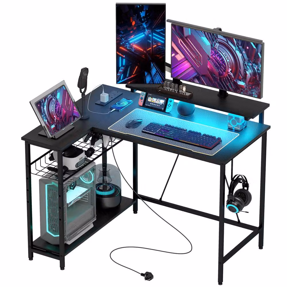 Rolipo Reversible L-Shaped Gaming Desk with LED Lights in Black – 2