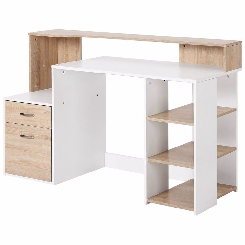 Wyld Haus Niledi Office Desk with Shelves and Drawers in Light Oak and White, W: 137 cm – 2