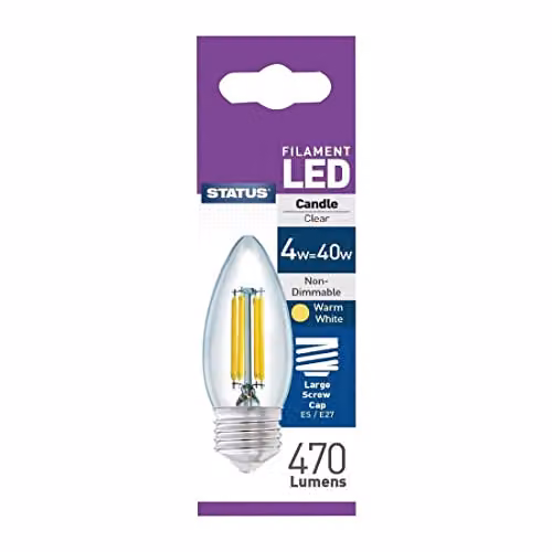 Status 4.5W Filament LED Candle Bulb, E14, Clear, Warm White, 470 Lumens – 2