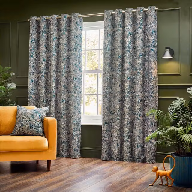Wylder Tropics Bengal Blue Chenille Eyelet Curtains, Width: 229 cm, Drop: 137 cm