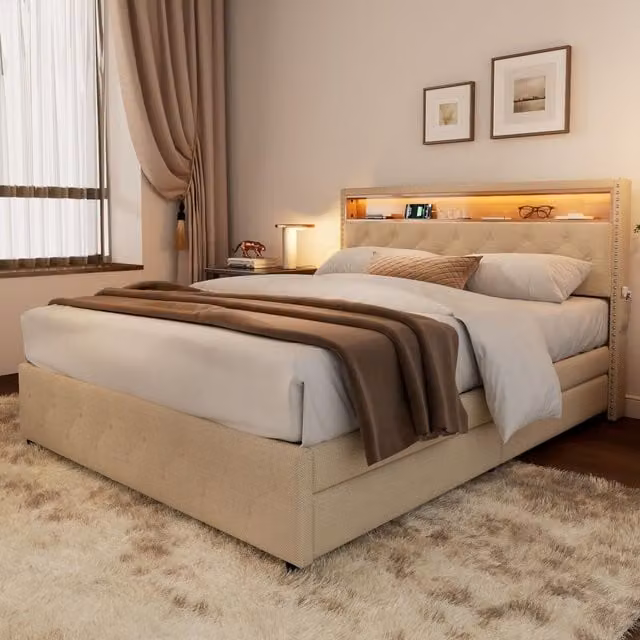 Home Touch Interior Ethan Upholstered LED Double Bed Frame with 4 Storage Drawers, Beige, W/D/H: 140 x 200 x 107 cm
