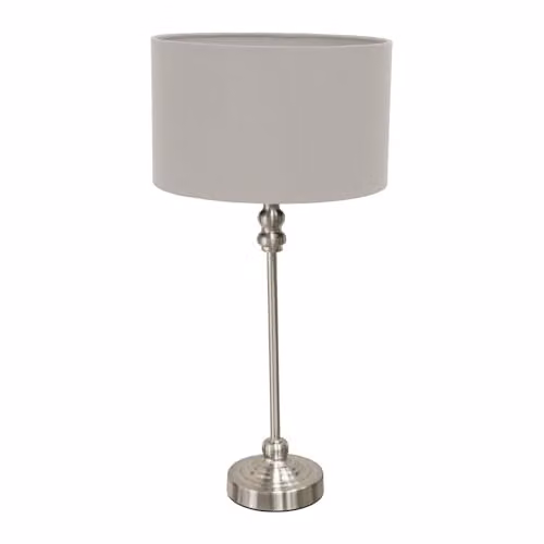 ValueLights Maggie Brushed Chrome Candlestick Slim Table Lamp with Grey Fabric Drum Shade