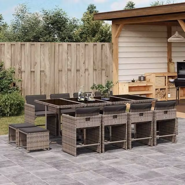 Berkfield Home 13 Piece Grey Poly Rattan Garden Dining Set with Cushions and Glass Tabletop