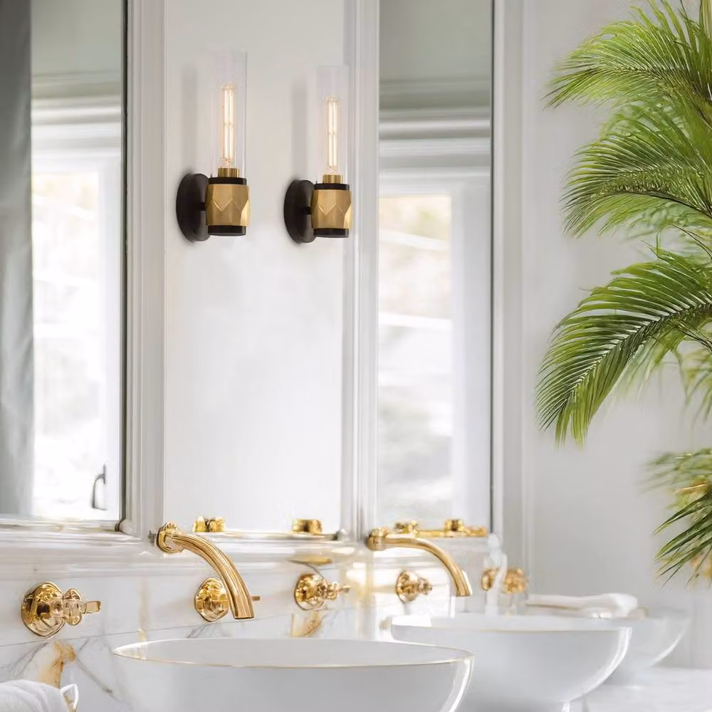 Hinkley Ellison Black and Heritage Brass Bathroom Wall Lamp with Transparent Glass Shade, IP44, E27 – 2