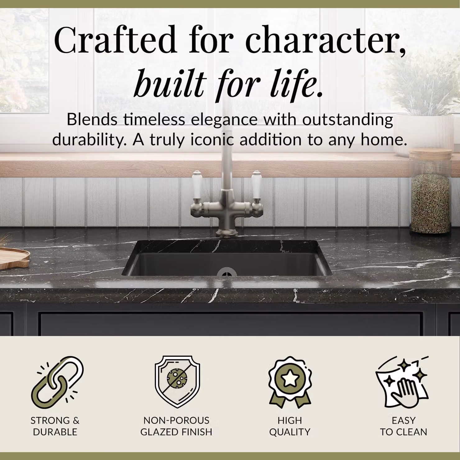 Balterley Ceramic 1 Bowl Undermount Kitchen Sink with Overflow, Dark Grey, W: 45.7 cm – 2