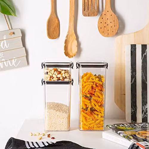 Argon Tableware 3 Piece Food Storage Container Set in Black and Transparent, BPA-Free Stackable and Leakproof Plastic Kitchen Organisers with Clip Lids – 2
