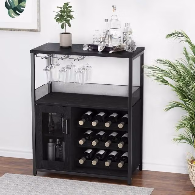 London Boutique 3-Tier Modern Wine Bar Cabinet and Sideboard with Glass Holder in Black