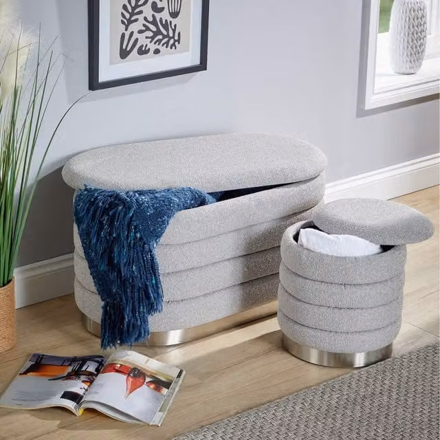 Home Source Cake Set of 2 Grey Boucle Cylindrical Ottomans