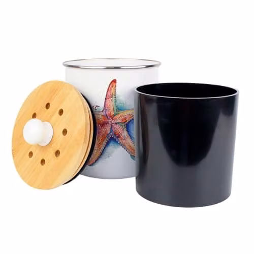 Purely Home Starfish Compost Caddy - 2L Enamel Kitchen Food Waste Bin with Removable Inner Bucket and Odour Filter - Orange and White, W: 22.5 cm, D: 16.5 cm, H: 22.5 cm – 2