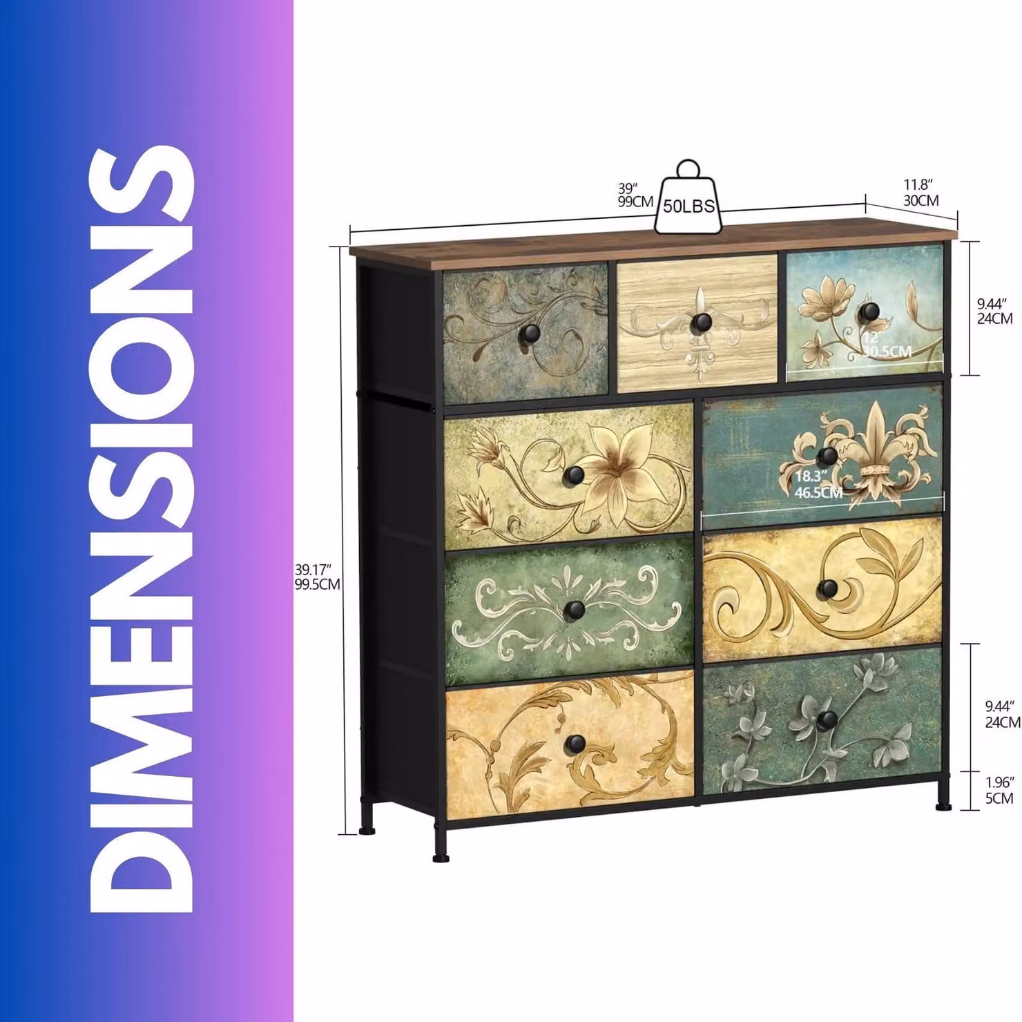 FURNOS 9 Fabric Drawer Bedroom Dresser with Vintage Floral Patterns in Brown and Multicolour – 4