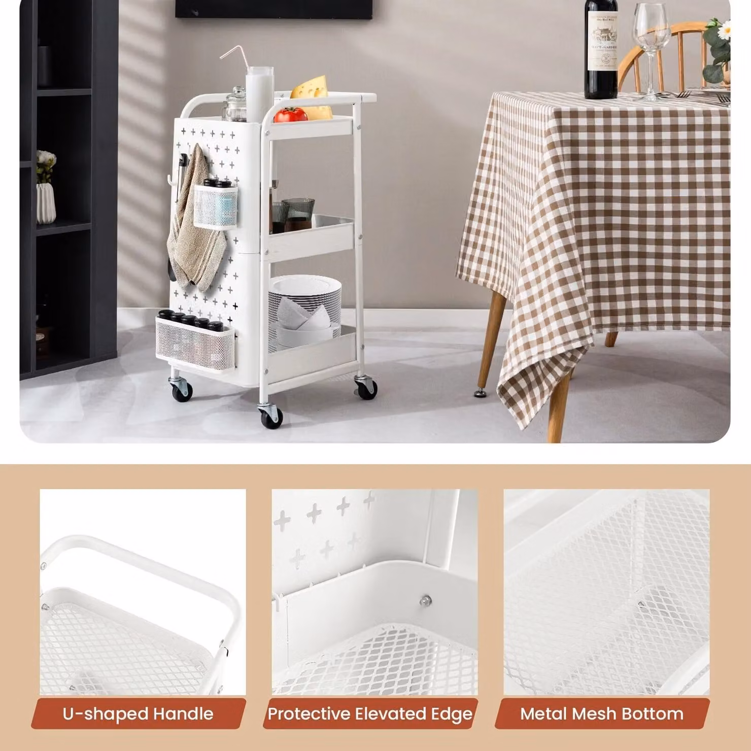 Costway 3-Tier Metal Rolling Storage Trolley with 2 Pegboards, 2 Baskets and 4 Hooks in White – 6