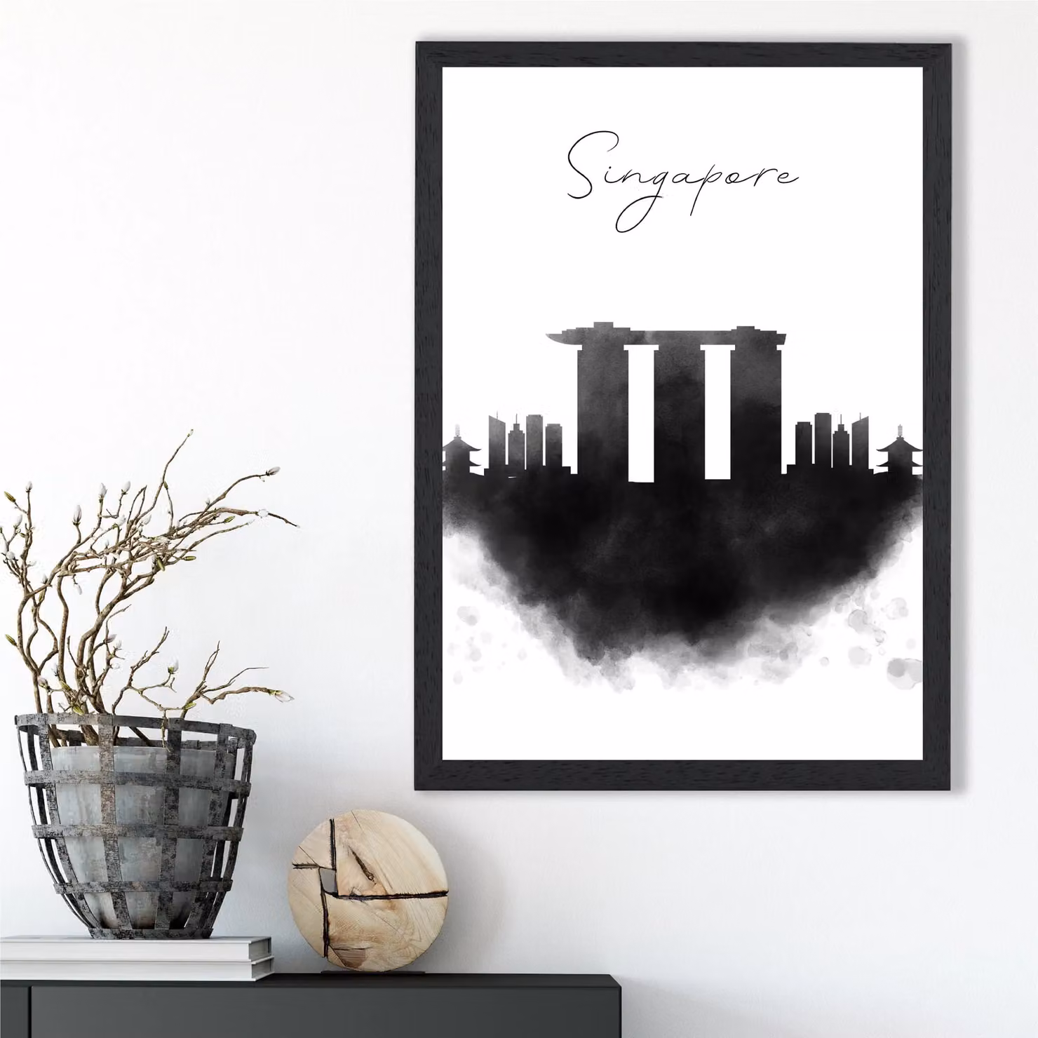 ARTZE Singapore Watercolour Skyline City Framed Print in Black – 2