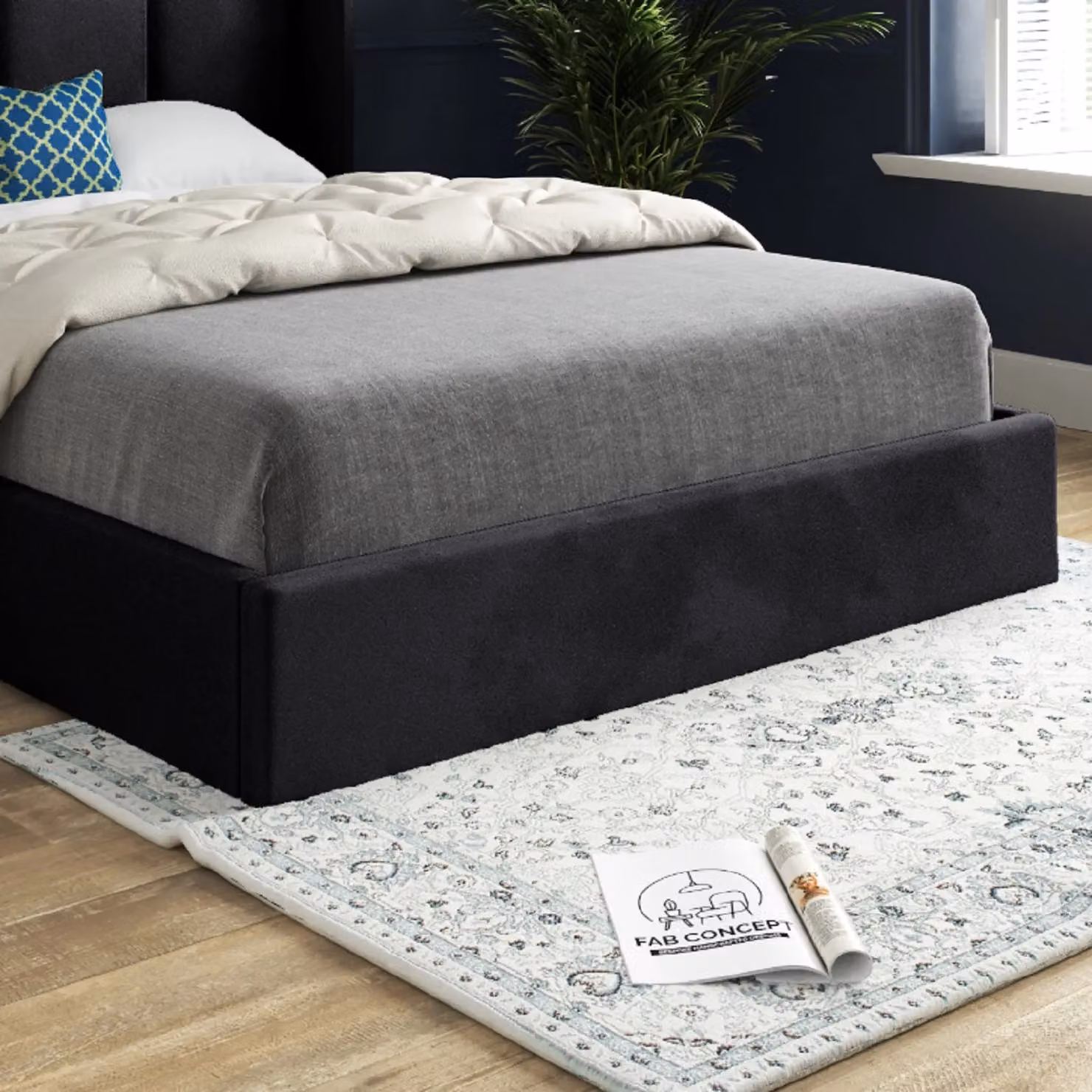 KDMD Quanta Small Single Straight Winged Upholstered Velvet Bed Frame in Black – 3