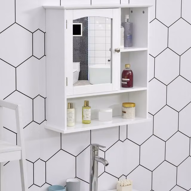 Kleankin Modern Wall Mounted White Bathroom Cabinet with Mirror and Internal Shelves