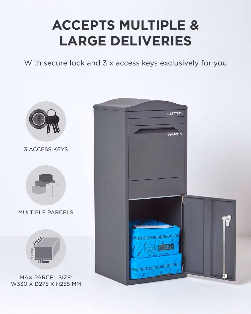 Homescapes Smart Parcel Box Large Curved Top Front Access Secure Delivery Box in Grey – 5