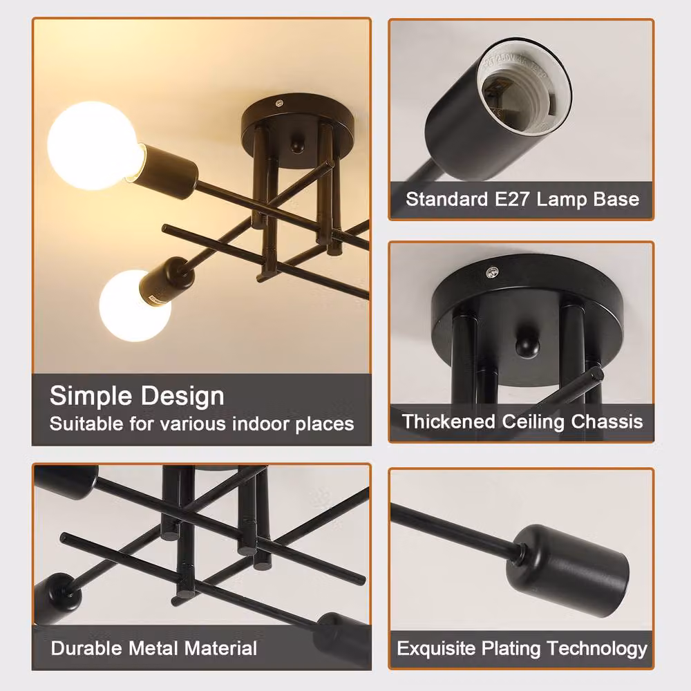Pheashine Black Sputnik Industrial Flush Mount Ceiling Light with E27 Socket – 3