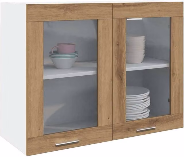 Berkfield Home Lyon Artisan Oak Hanging Glass Cabinet, Brown, W: 80 cm, D: 31 cm, H: 60 cm – 1