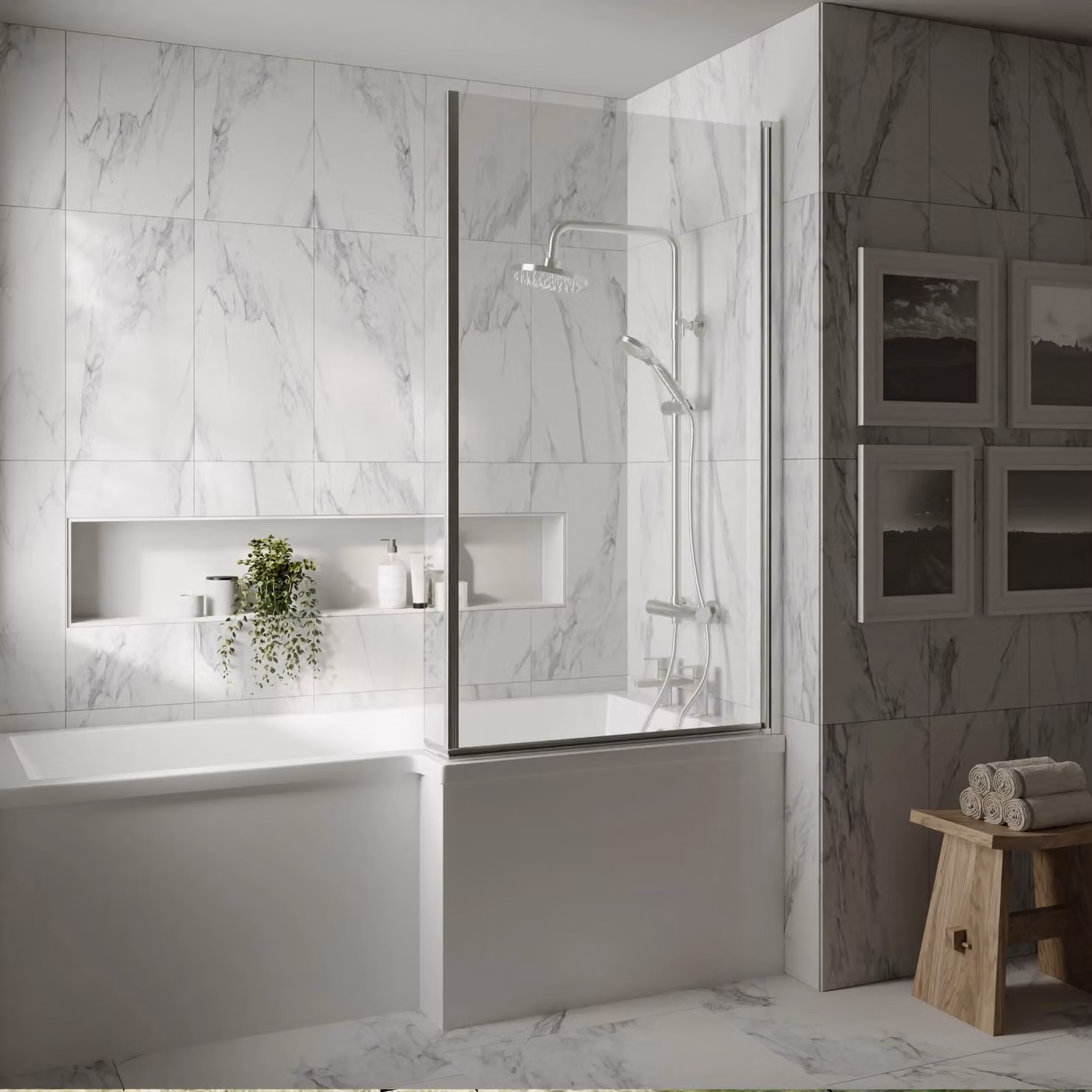 Balterley Reversible L Shaped Corner Bath Screen in Silver with 6mm Clear Toughened Safety Glass – 2