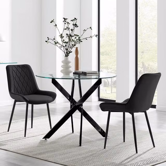 FurnitureboxUK Novara Round Glass Kitchen Dining Table and 2 Pesaro Chairs in Black