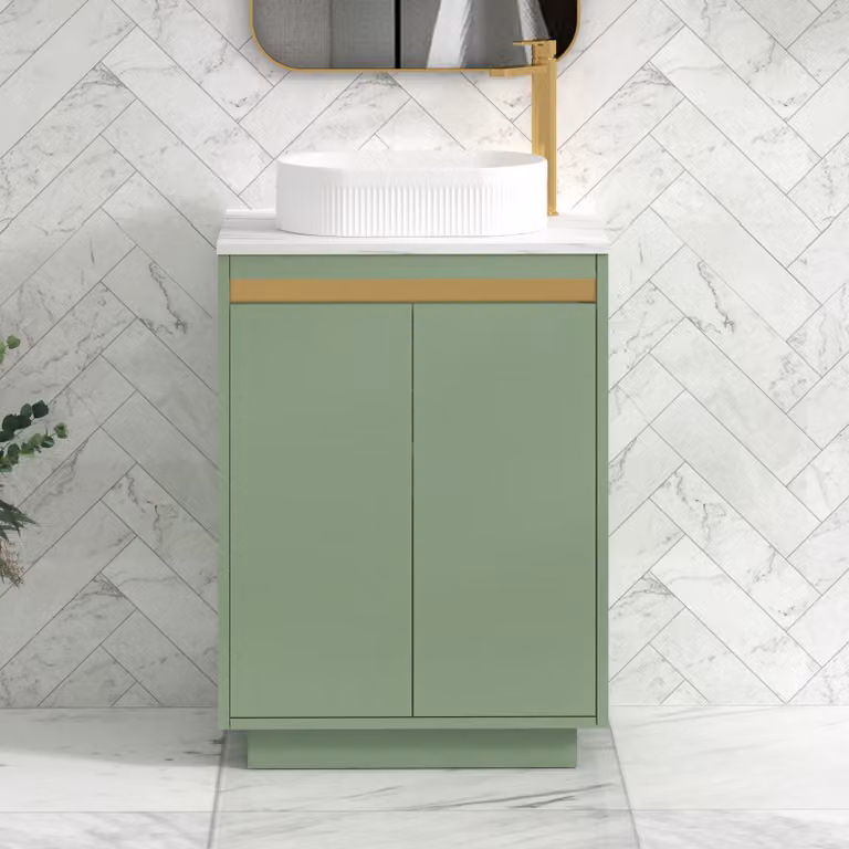 Royal Bathrooms Orion 600mm Mint Sage Floor Standing 2 Door Vanity Unit with Lyon Basin and Brushed Brass Accent Trim