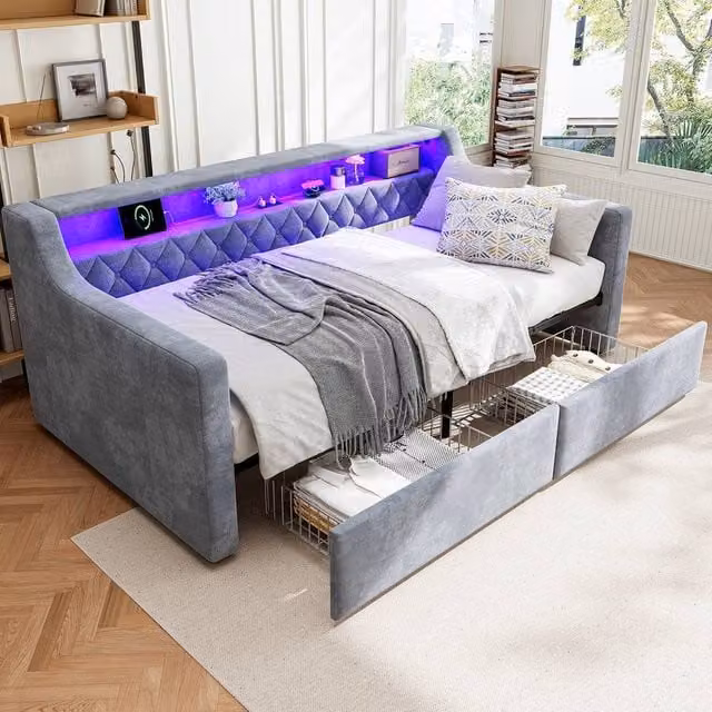 Rolipo Grey Velvet Single Daybed Sofa Bed with Drawers, LED Lighting and USB Charging Port, W/D/H: 90 x 190 cm – 1