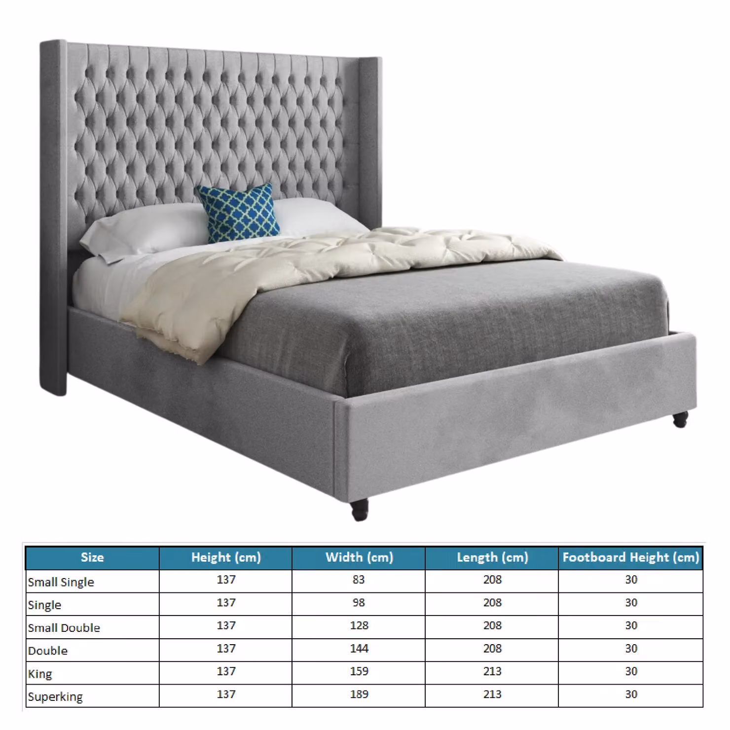 Casani Volta Straight Winged Upholstered Soft Velvet Bed Frame in Grey, W/D/H: 180 x 200 cm – 4
