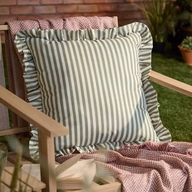 Wylder Nature Millie Ruffle Striped Outdoor Filled Cushion, Green, W/D/H: 50 x 50 x 50 cm