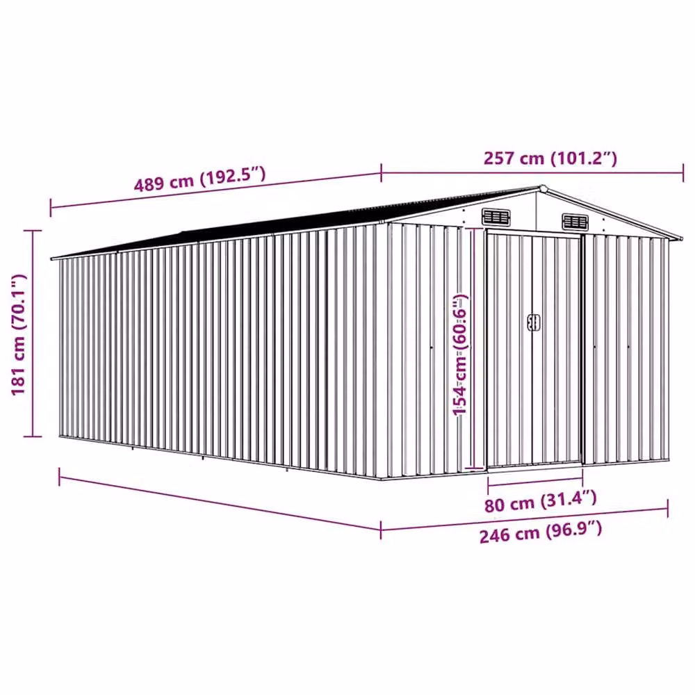 Berkfield Brown Metal Garden Shed with Sliding Gable Doors, W: 257 cm, D: 489 cm, H: 181 cm – 6