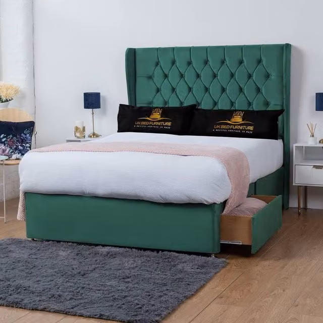UK Bed Furniture Mary Green Velvet Wingback Divan Bed with 2 Drawers and 54 Inch Headboard, Small Double, W/D/H: 120 x 200 cm
