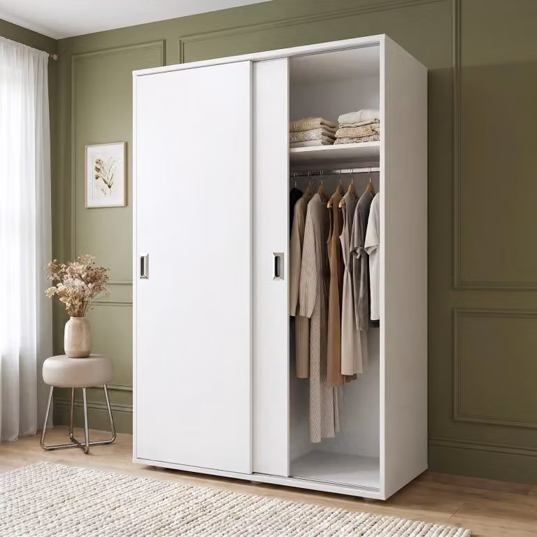 Torvek White 2 Door Sliding Wardrobe with Internal Shelves and Hanging Rail W/D/H: 120 x 58 x 183 cm