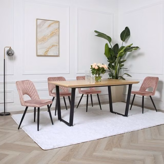 Home Garden Direct Modern Oak Veneer Rectangular Dining Set with 4 Chairs in Pink and Black