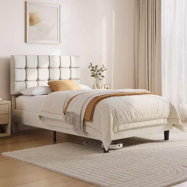 Yaheetech Modern Upholstered Platform Bed with Square Tufted Headboard in Beige and White