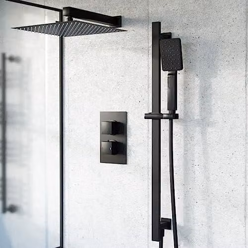 Nes Home Temel 2 Dial 2 Way Thermostatic Mixer Valve Shower Set with 300mm Overhead Shower, Handset and Slider Rail in Matte Black – 1