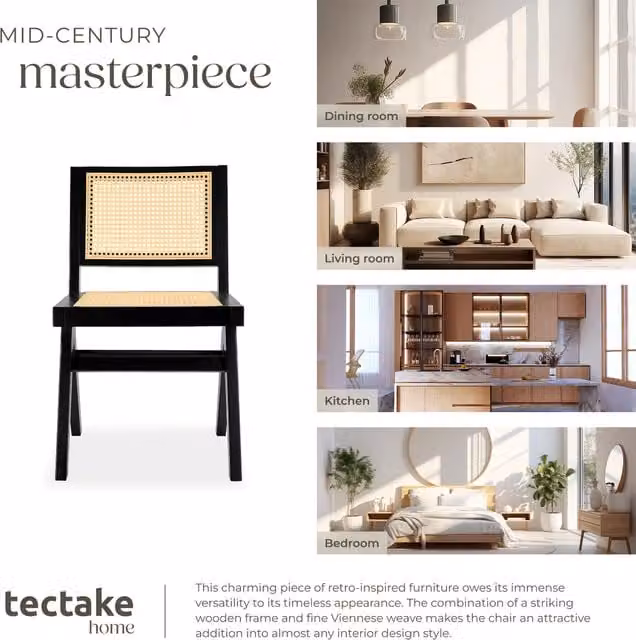 TECTAKE Mid-Century Dining Chair with Rattan Backrest and Solid Wood Frame, Black, Height: 83 cm