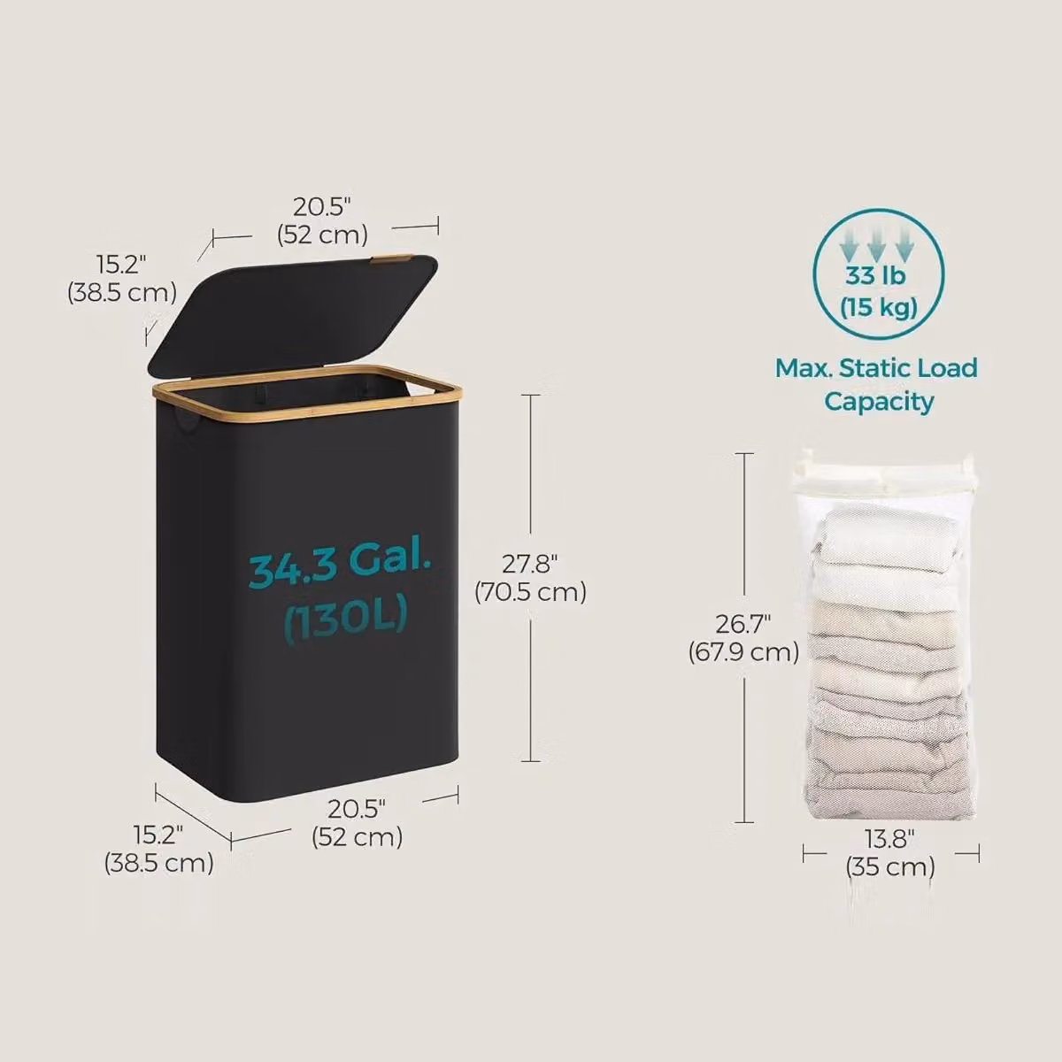 SONGMICS Large 2-Section Collapsible Laundry Hamper with Bamboo Handles in Black – 2