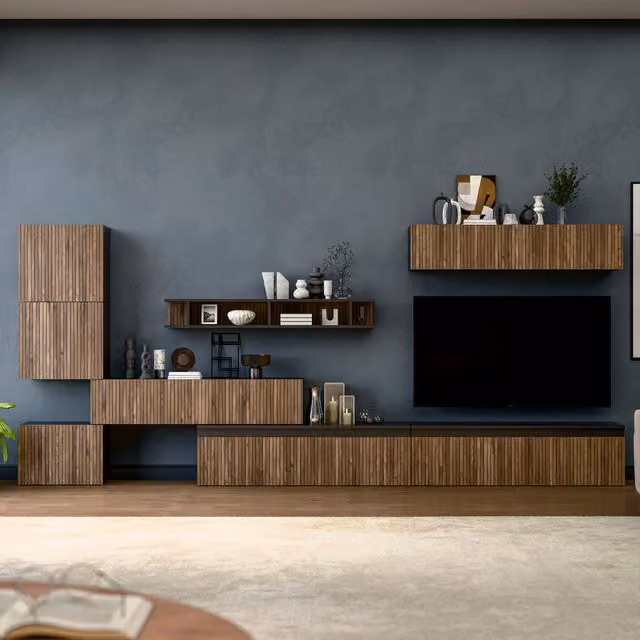 Decorotika Modern Geometric Lund Wall Mounted Entertainment Center in Black and Brown Wood